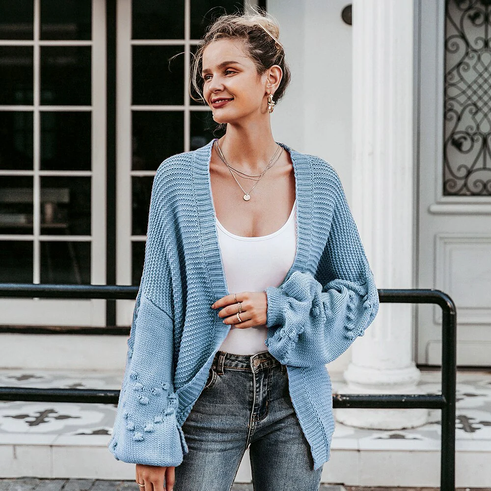 Christmas Gift  Loose women knitted cardigans Lantern sleeve heart crochet oversize sweaters Autumn winter female cardigan coats outwear - Deanwangkt