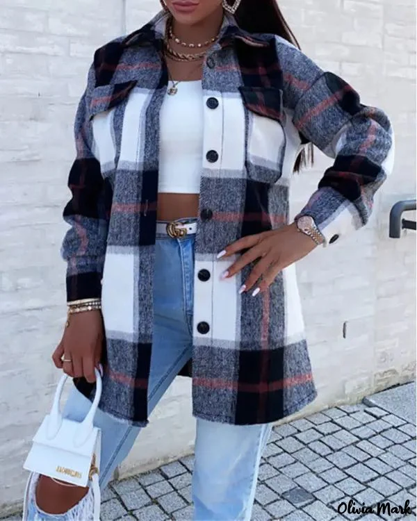 Deanwangkt - Plaid Print Pocket Button Pattern Long Sleeve Jacket - Deanwangkt