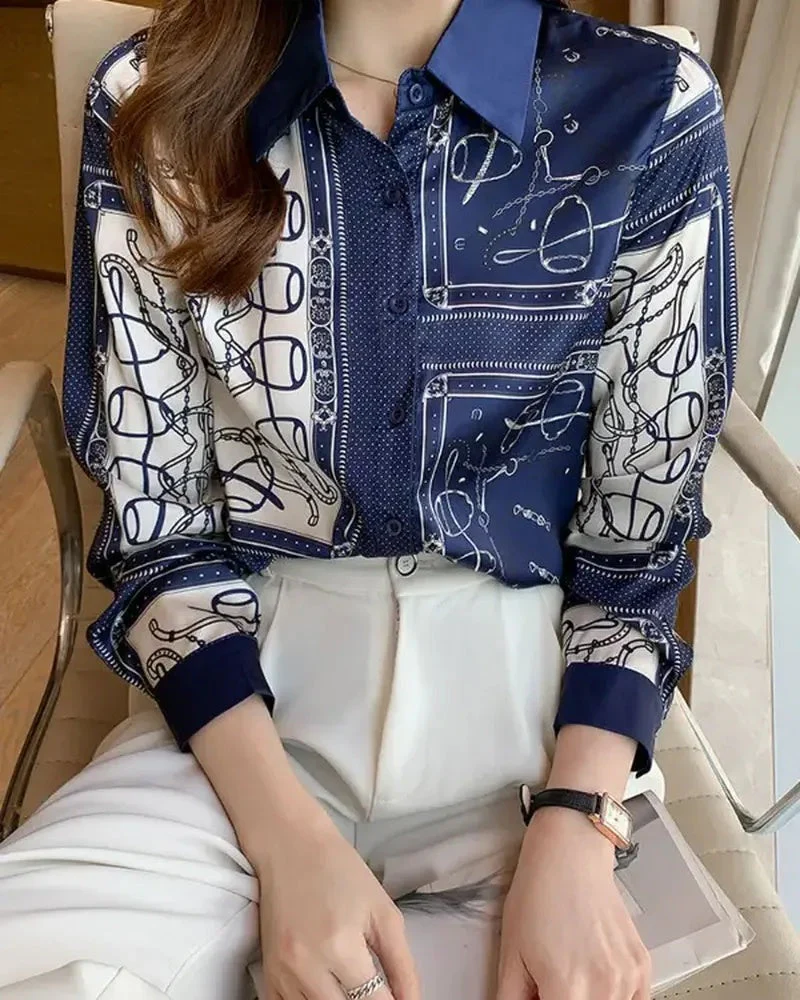 Deanwangkt - Scarf Print Button-Down Long Sleeve Shirt - Deanwangkt