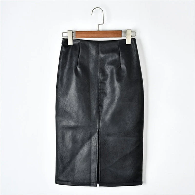 Christmas Gift Deanwangkt Summer Korean PU Leather Skirts Women High Waist Straight Midi Skirts Midi Skirt Women Plus Size Solid Split Skirts 10091 - Deanwangkt