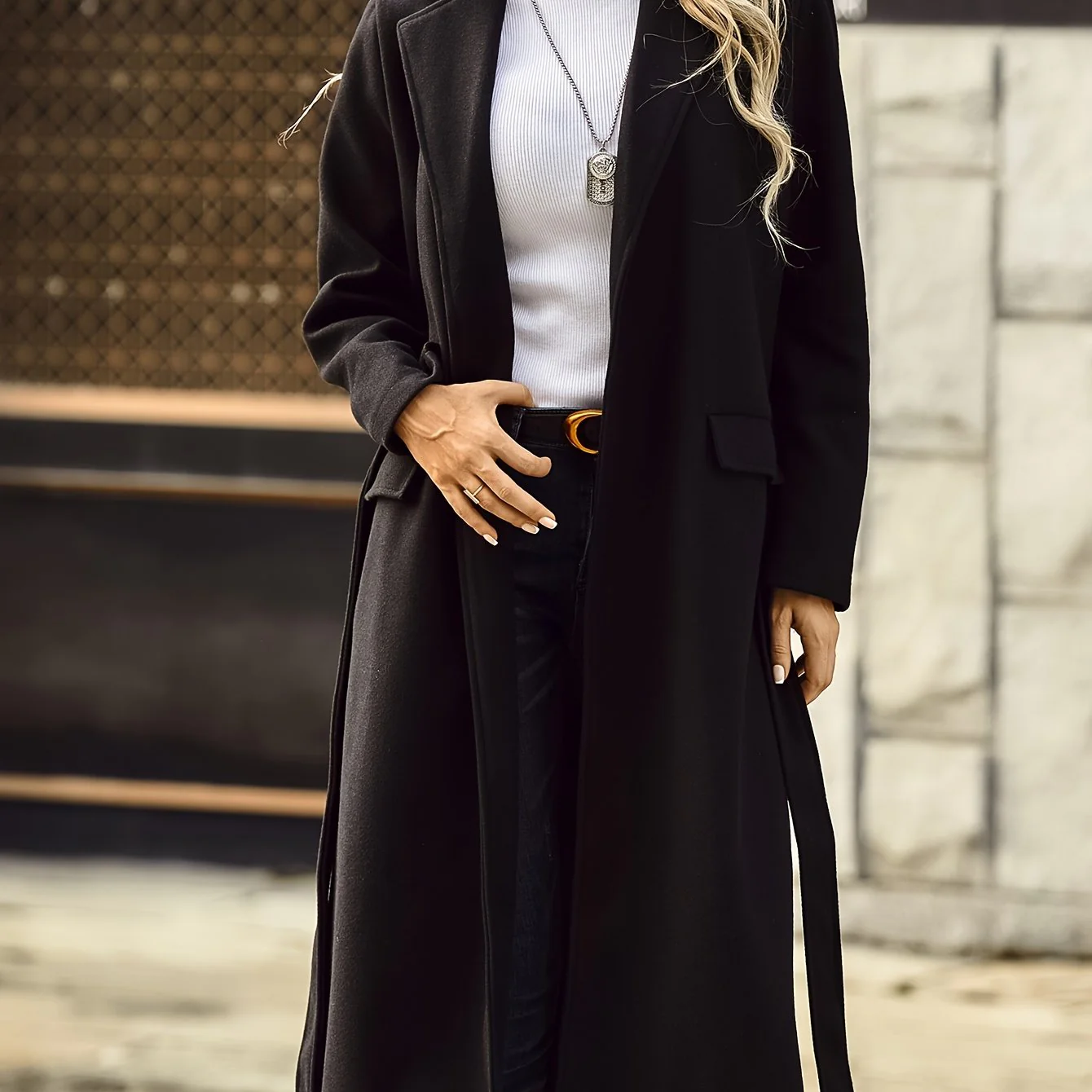 deanwangkt-1  Solid Color Open Front Trench Coat, Elegant Lapel Neck Long Sleeve Belted Coat, Women's Clothing - Deanwangkt