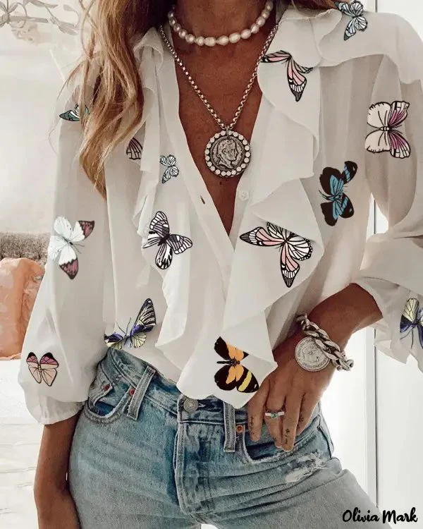 Deanwangkt - Ruffled Butterfly Print Long Sleeve Top - Deanwangkt