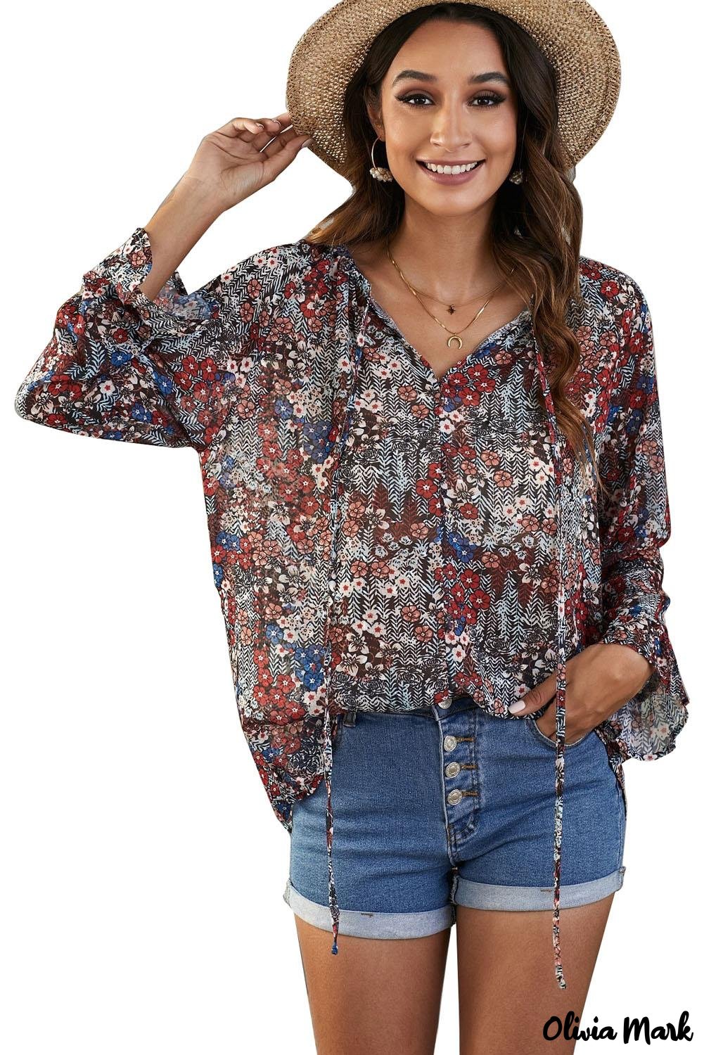 Deanwangkt - Multicolor Floral Print Drawstring Long Sleeve Blouse - Deanwangkt