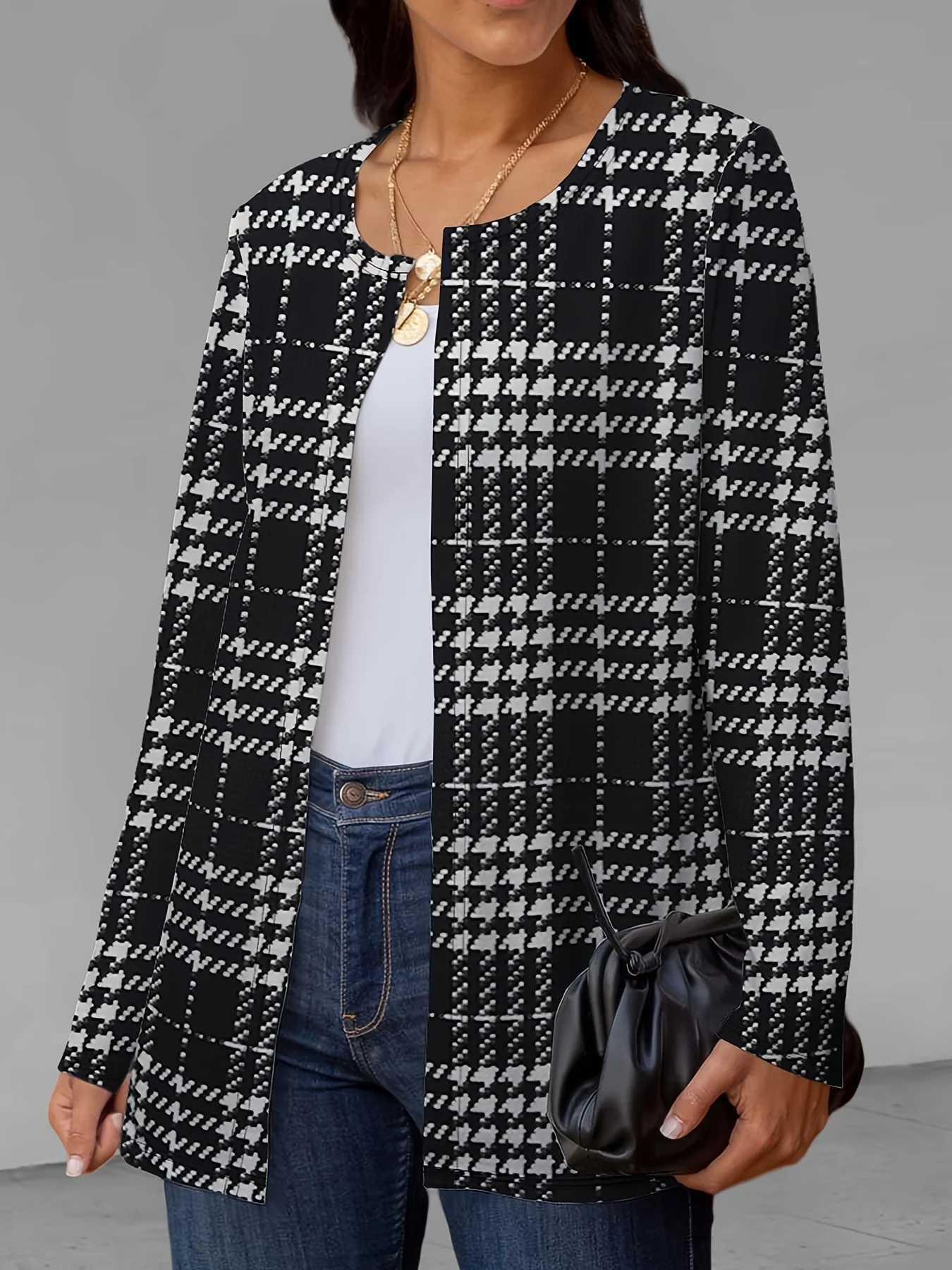 deanwangkt-1 Plaid Print Crew Neck Jacket, Casual Long Sleeve Outerwear For Fall, Women's Clothing - Deanwangkt