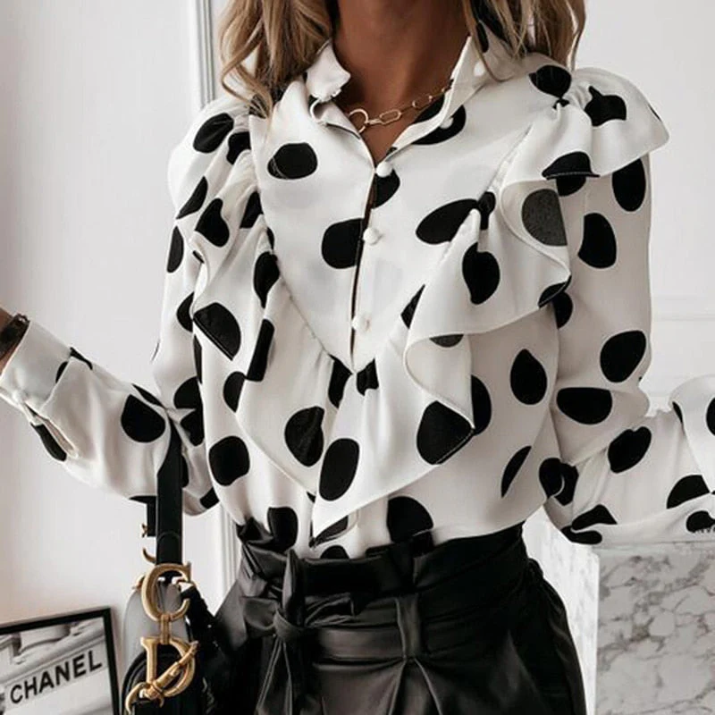 Christmas Gift Deanwangkt Spring Autumn Long Sleeve Ruffled V-neck Blouse Women Office Lady Chiffon Polka Dot Women Shirt Elegant Lady Clothing 12253 - Deanwangkt