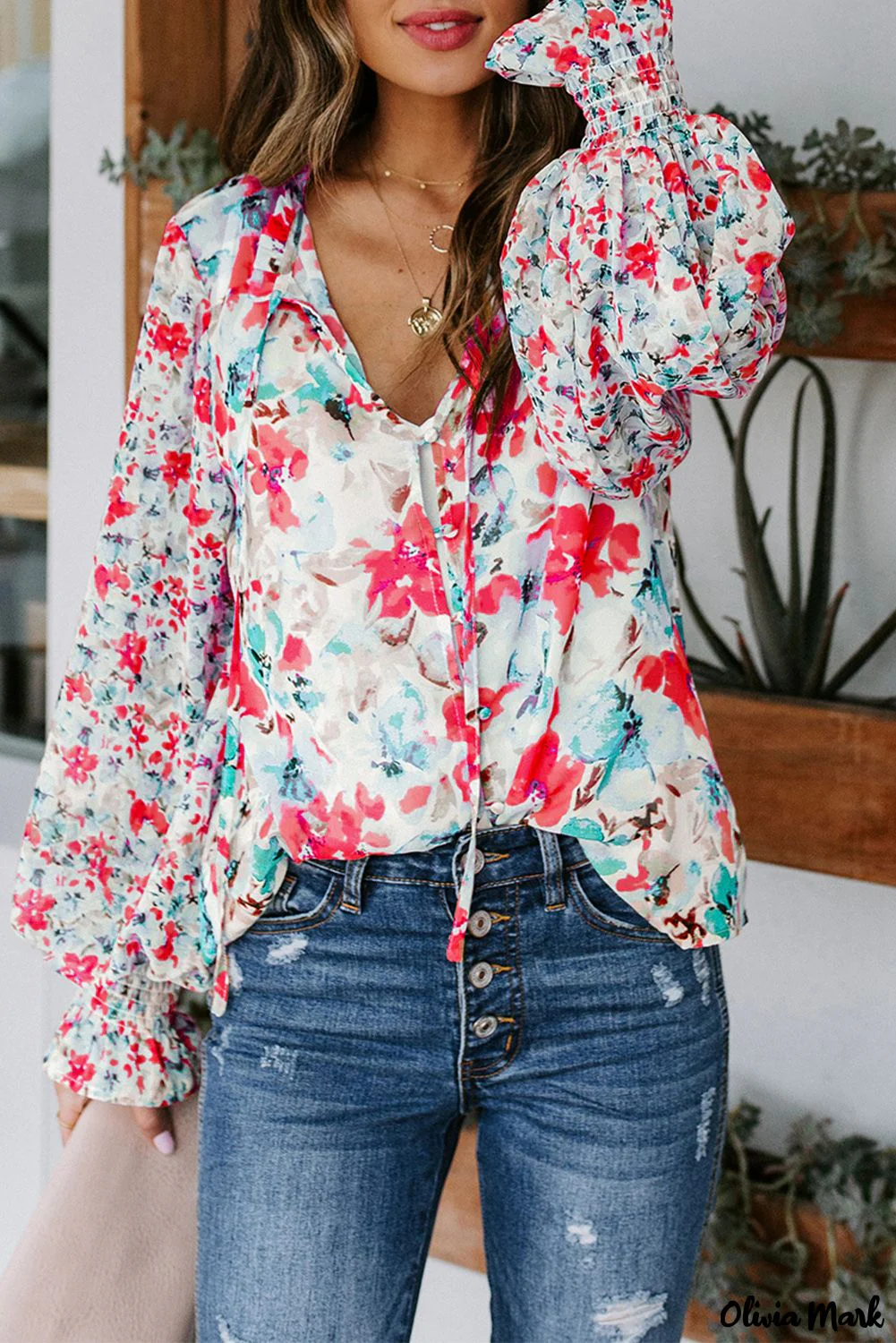 Deanwangkt - Cakewalk Red Floral Smocked Blouse - Deanwangkt