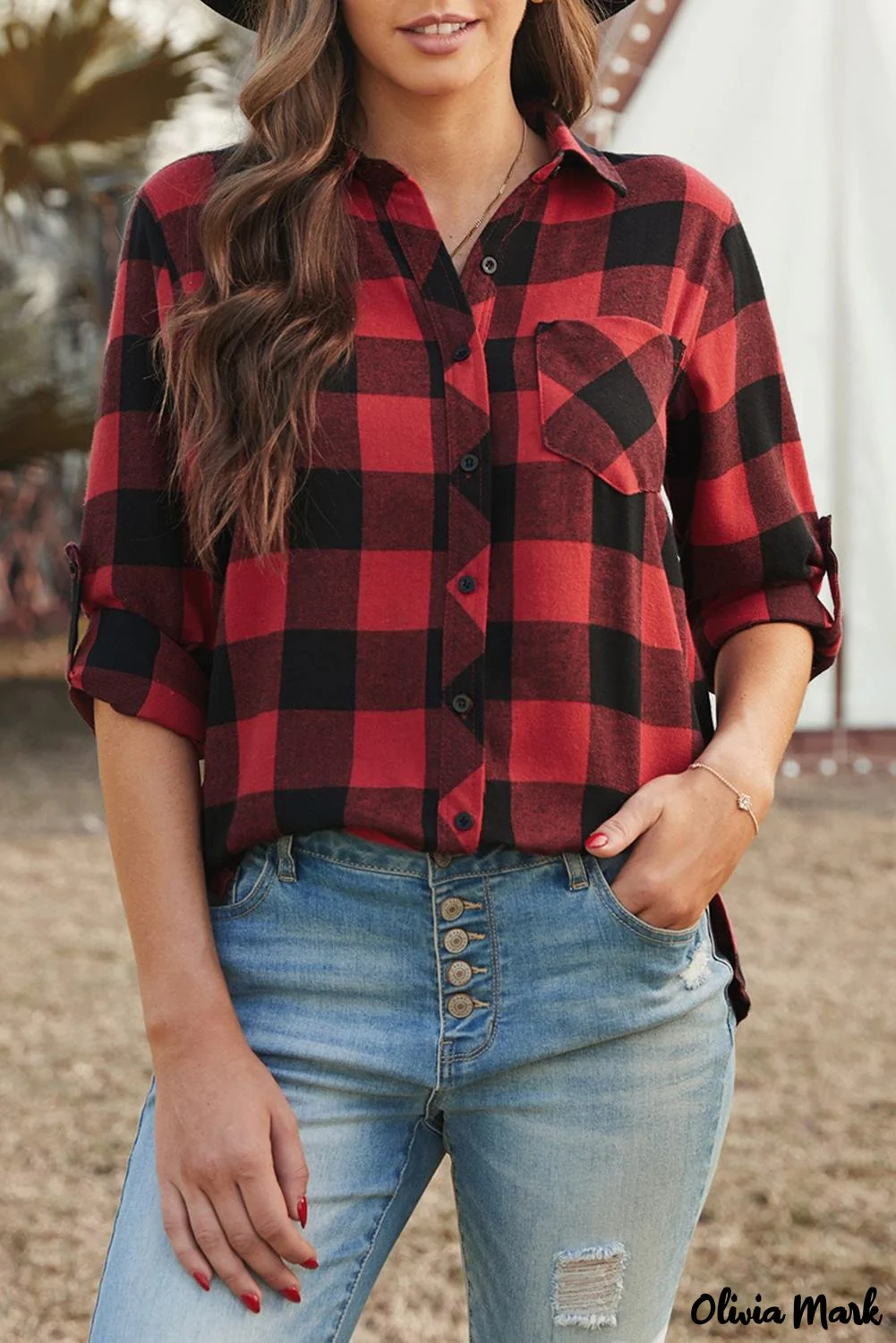Deanwangkt - Red Buffalo Plaid Blouse with Button Pocket - Deanwangkt