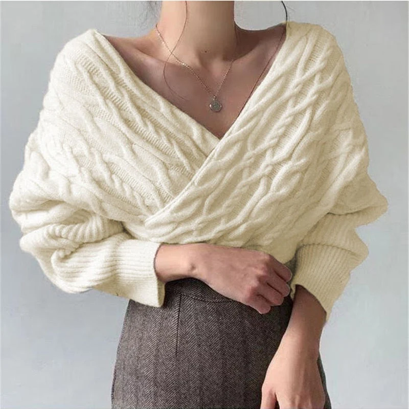 Christmas Gift  New Deanwangkt Winter Spring Women Sweaters Knitted V-Neck Cross Wild Korean Sexy Elegant Pullovers Ladies Jumpers SW1235JX - Deanwangkt