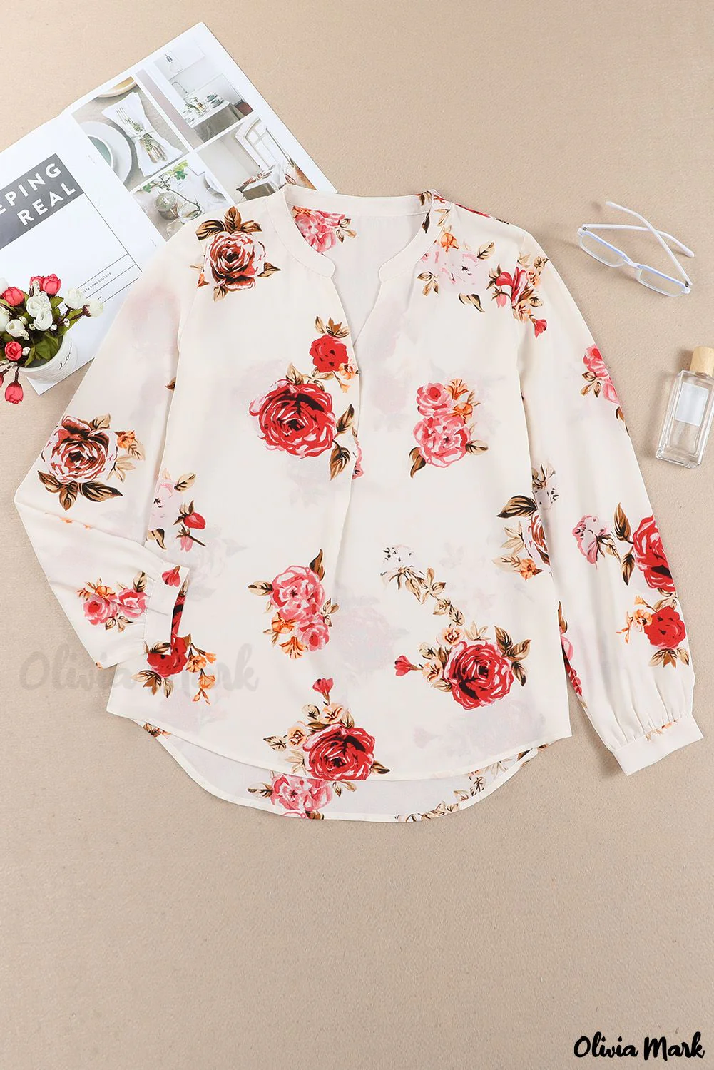 Deanwangkt - Beige Floral Print V-Neck Button Down Blouse - Deanwangkt