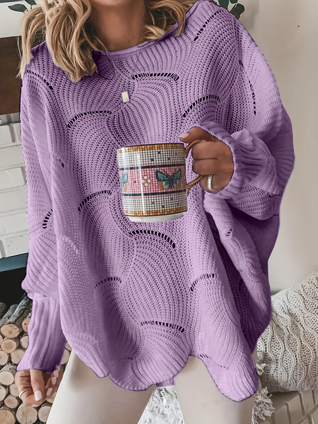 deanwangkt-1  Solid Cutout Irregular Hem Knit Sweater, Casual Crew Neck Long Sleeve Pullover Sweater, Women's Clothing - Deanwangkt