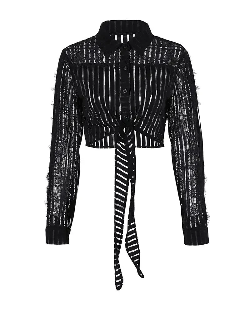 Deanwangkt - Contrast Lace Long Sleeve Button Down Shirt - Deanwangkt