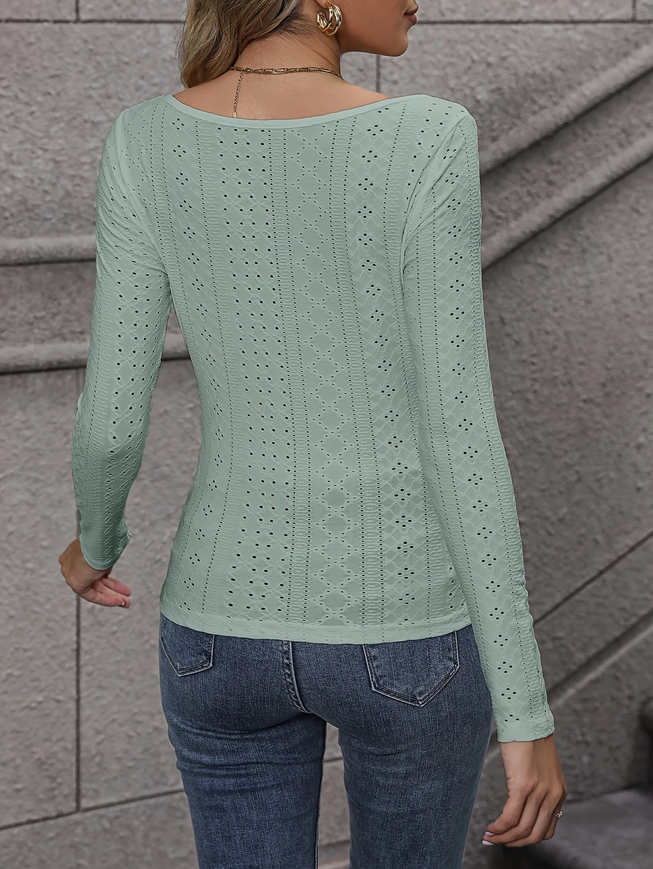 deanwangk Eyelet Ribbed Knit Long Sleeve Crop Tops，Sweetheart Fitted Ruched Lace Trim T-shirt ， Women's Clothings - Deanwangkt