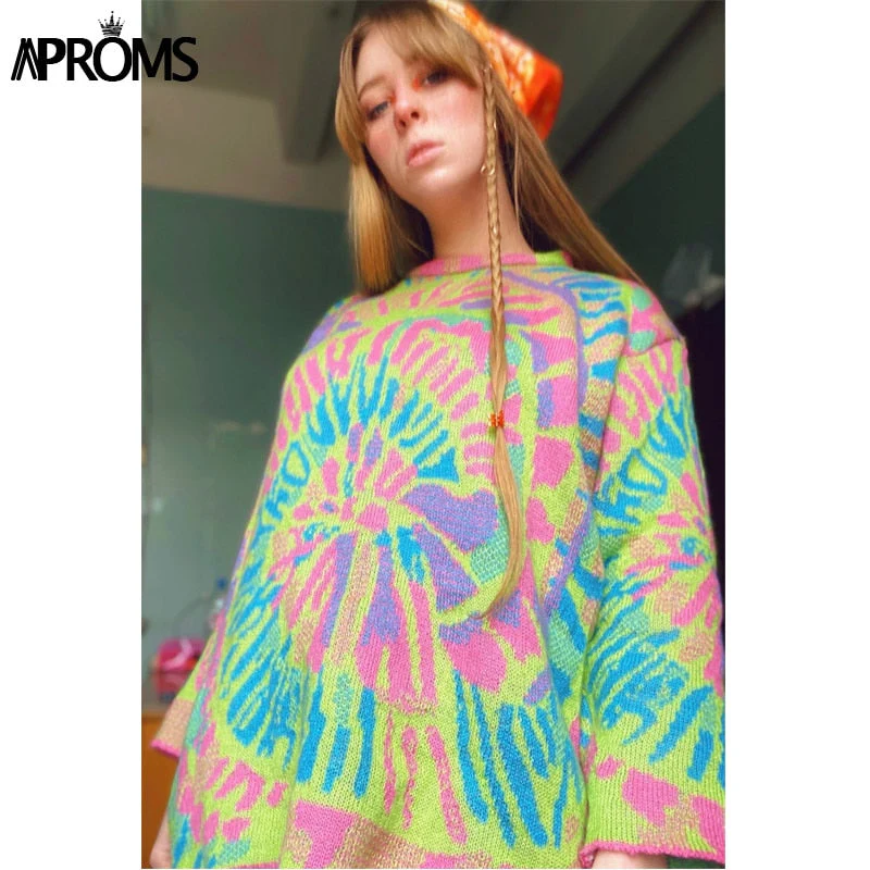 Christmas Gift Aproms Elegant Multi Color Print Oversized Sweater Women Deanwangkt Spring Stretch Knitted Pullovers Streetwear Fashion Loose Jumpers - Deanwangkt