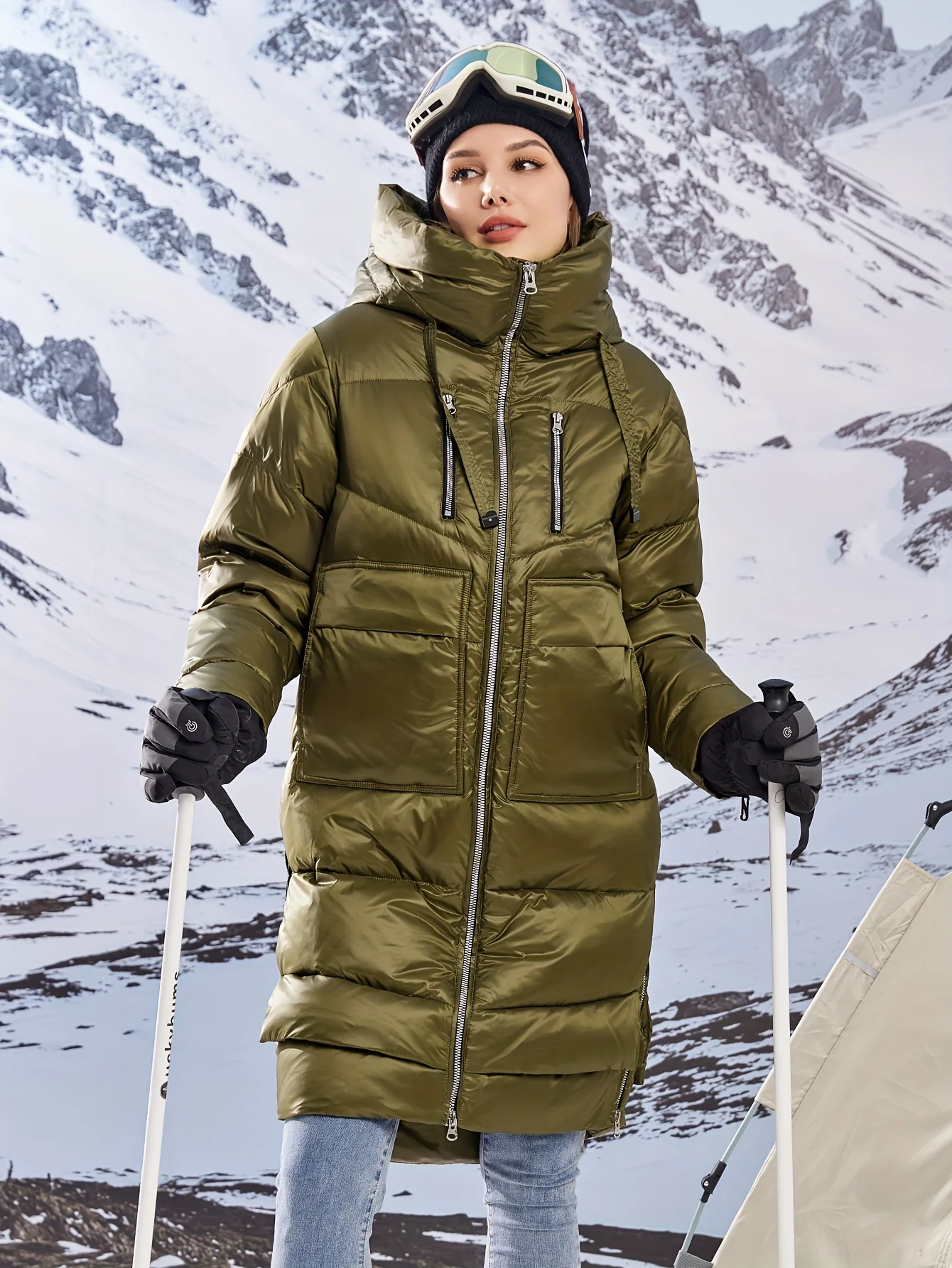 Thermal Zip-up Hoodie Knee Length Coat, Long Sleeve Pocket Puffy Outerwear For Fall & Winter, Women's Clothing - Deanwangkt