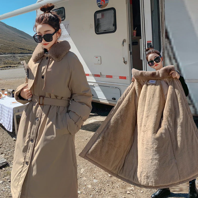 Christmas Gift Deanwangkt winter new cotton clothes women's middle and long knee over Korean loose cotton jacket tooling Plush windbreaker - Deanwangkt