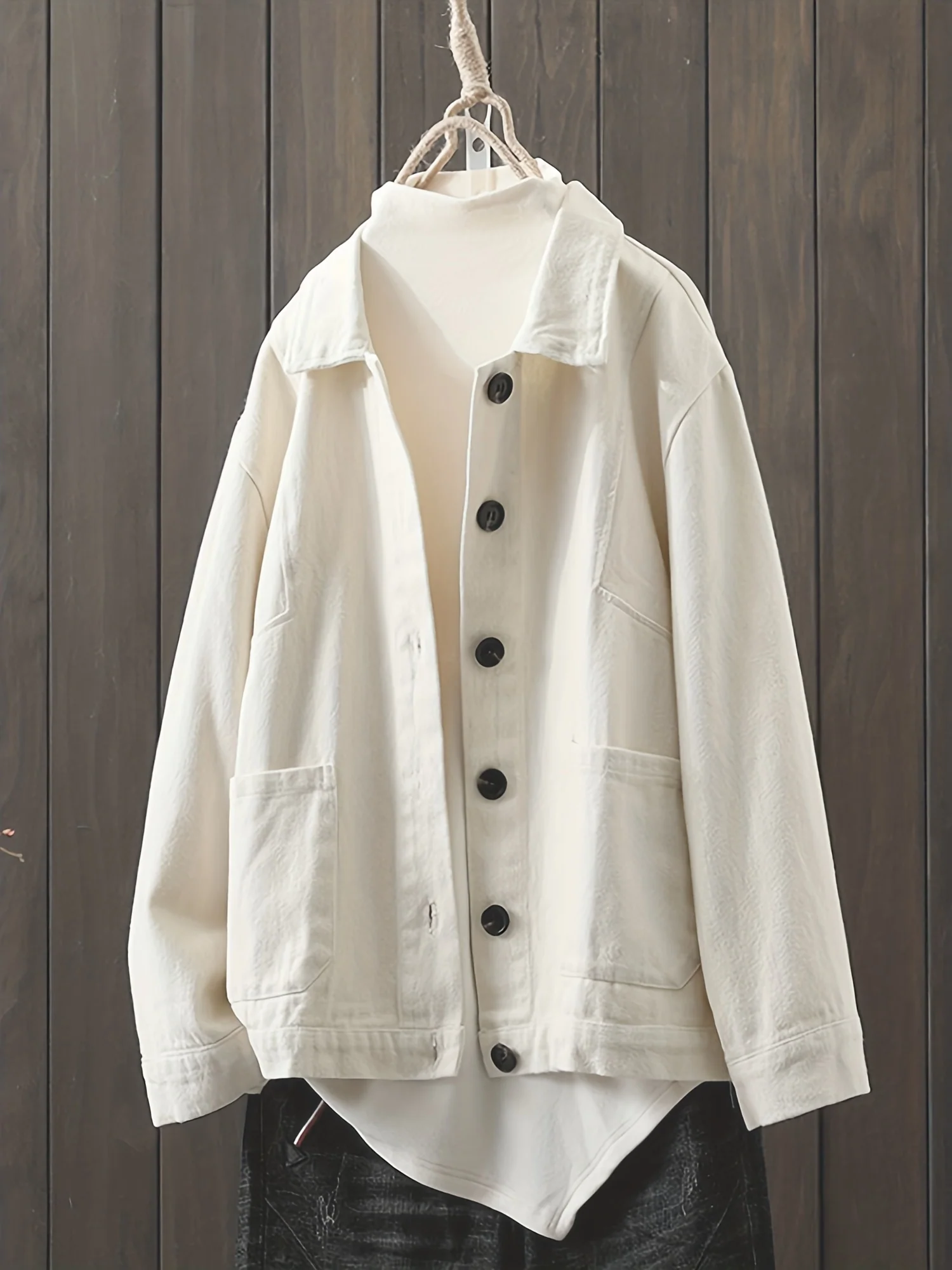 deanwangkt-1  Solid Shacket Jacket, Casual Button Front Turn Down Collar Long Sleeve Outerwear With Pockets, Women's Clothing - Deanwangkt