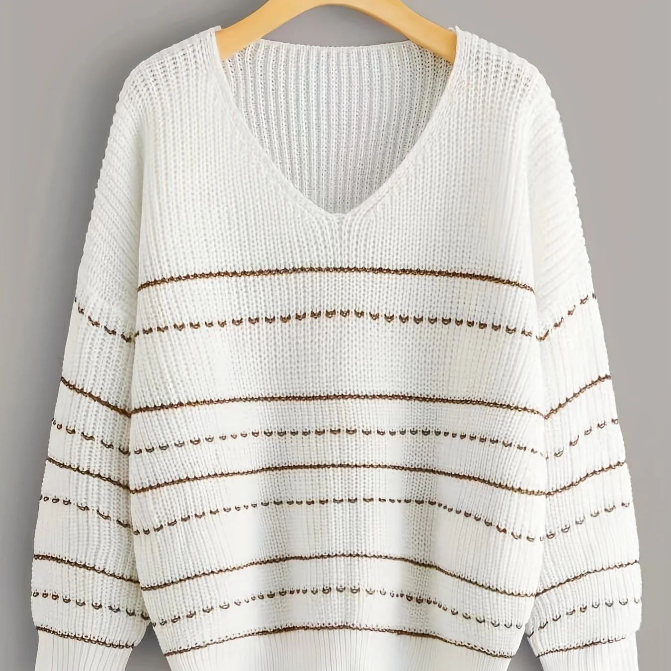 deanwangkt-1  Striped Print Knit Sweater, Casual V Neck Long Sleeve Sweater, Women's Clothing - Deanwangkt