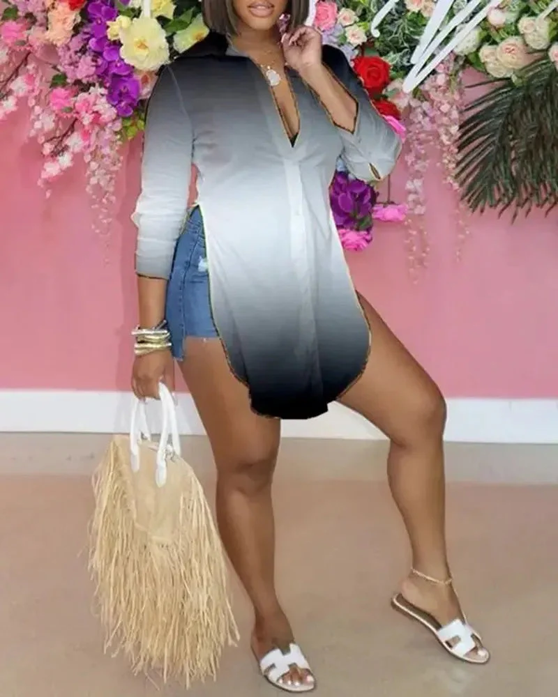 Deanwangkt - Ombre Color Block Long Sleeve Split Shirt - Deanwangkt