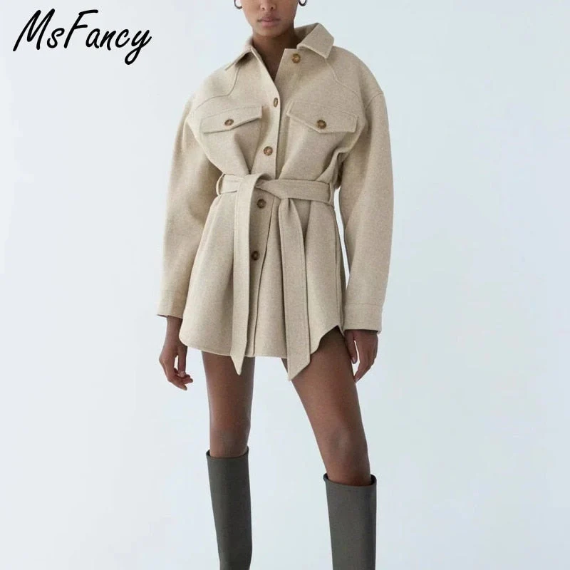 Christmas Gift Deanwangkt WInter New Woollen Wrap Coat Women High Waist Tunic Bandage Jacket Pockets Casual Warm Shirt Coat - Deanwangkt