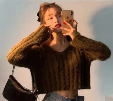 Back To School outfits Y2kpink Sweater Lazy Style Short Chic Gentle Wild Mink V-Neck Short Coat Long-Sleeved Soft Warm Sweater Outer Wear - Deanwangkt