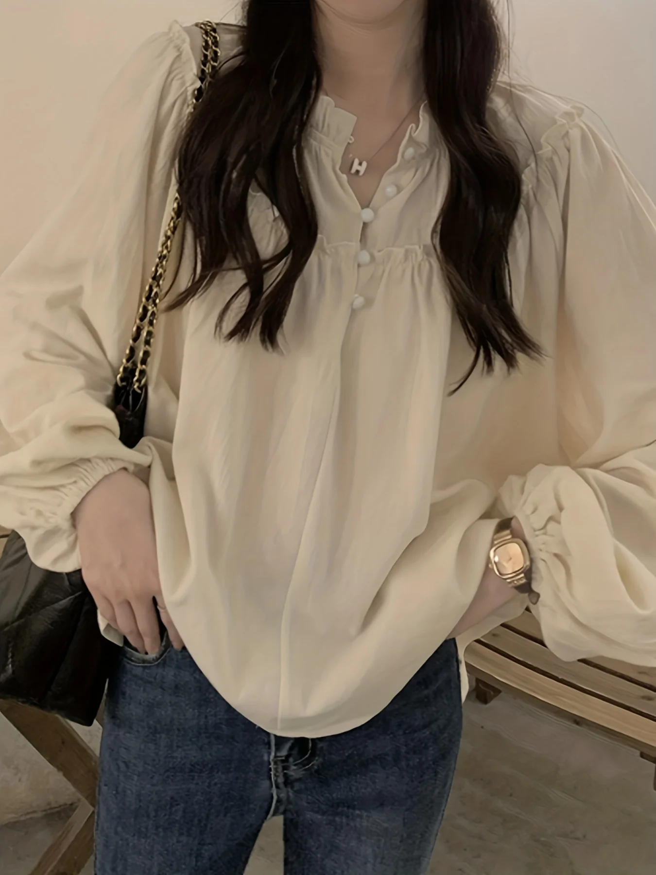 Ruched Button Front Blouse, Elegant Crew Neck Puff Sleeve Blouse, Women's Clothing - Deanwangkt