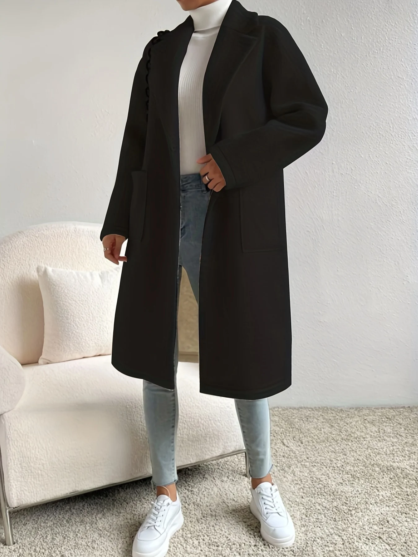 deanwangkt-1  Button Front Lapel Overcoat, Elegant Solid Long Sleeve Winter Outerwear, Women's Clothing - Deanwangkt