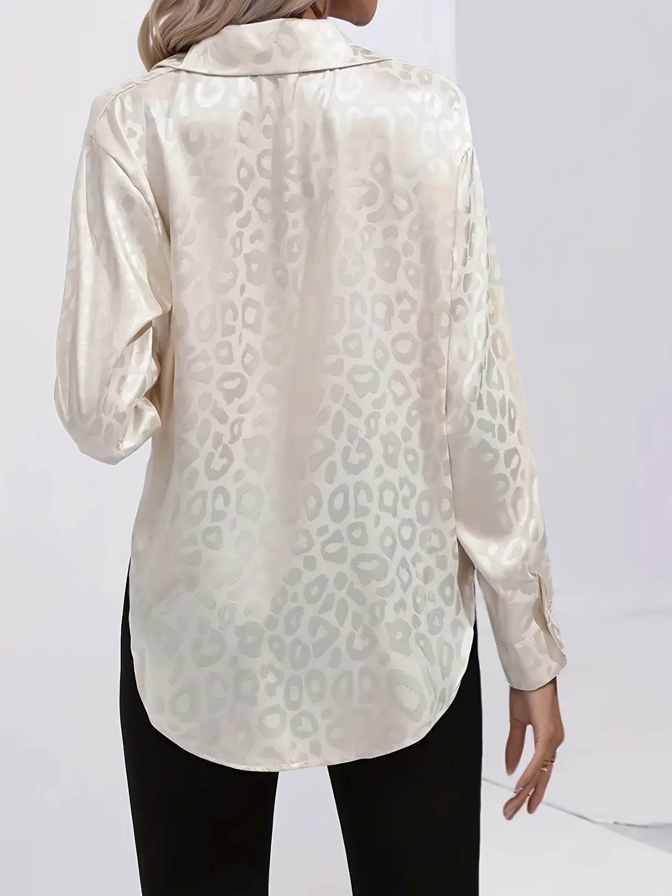Leopard Jacquard Shirt, Elegant Button Front Long Sleeve Shirt, Women's Clothing - Deanwangkt