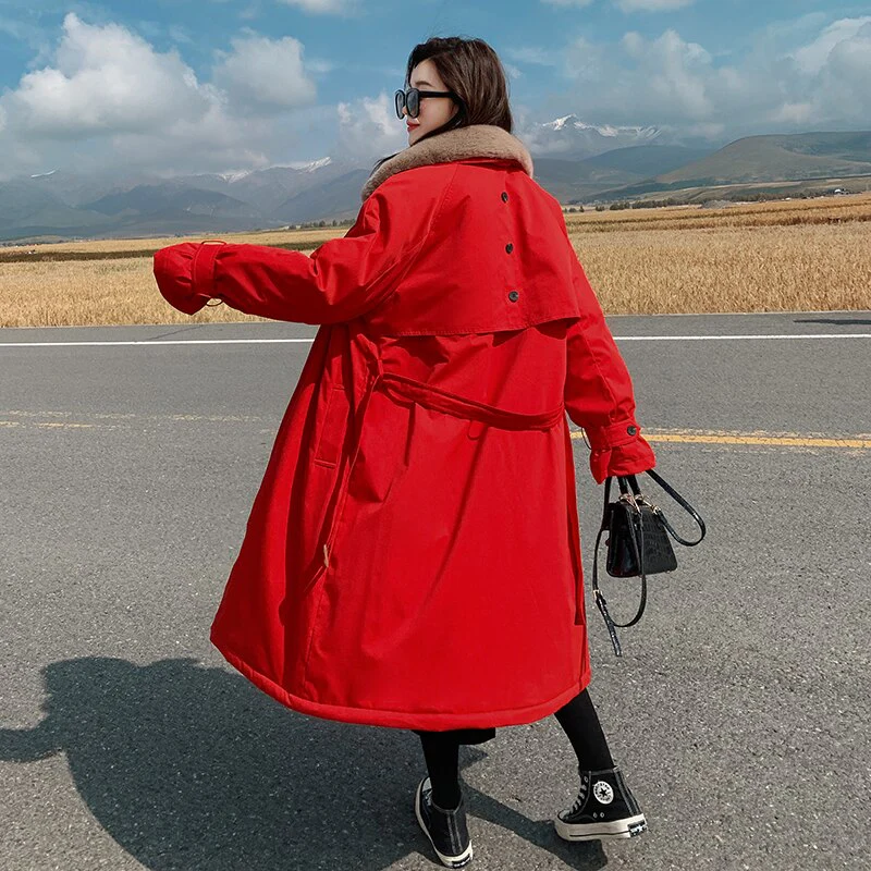 Christmas Gift Deanwangkt winter new cotton clothes women's middle and long knee over Korean loose cotton jacket tooling Plush windbreaker - Deanwangkt