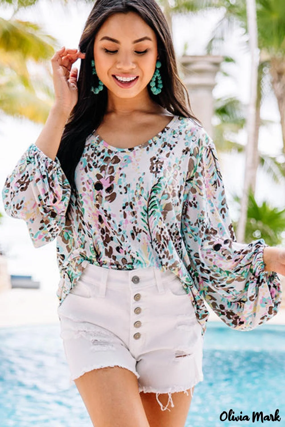 Deanwangkt - Green Floral Print Puff Sleeve Loose Blouse - Deanwangkt