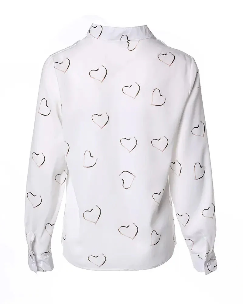 Deanwangkt - Casual Heart Print V-Neck Long Sleeve Top - Deanwangkt