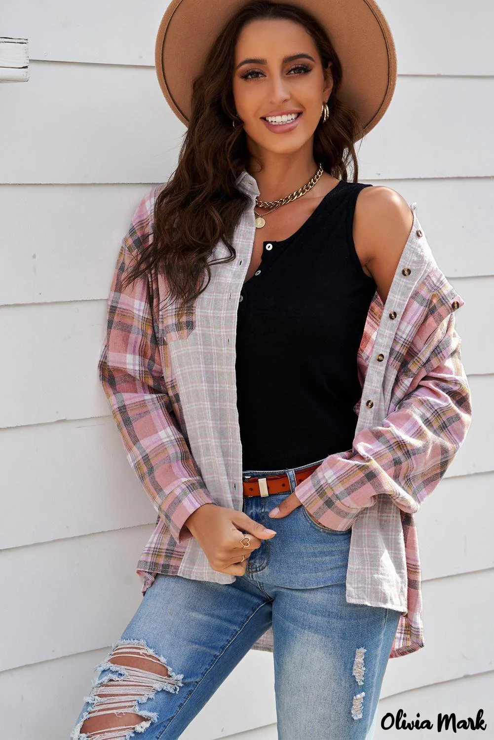 Deanwangkt - Pink Plaid Button Down Long Sleeve Shirt With Color Block Pocket - Deanwangkt