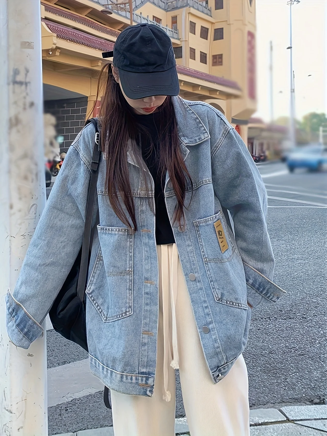 Blue Loose Fit Lapel Denim Coat, Long Sleeves Single Breasted Button Denim Jacket, Women's Denim Clothing - Deanwangkt