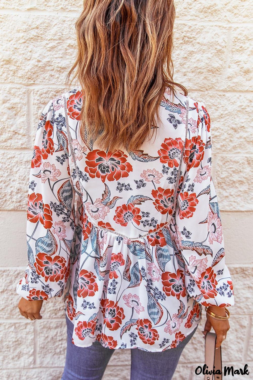 Deanwangkt - Red Floral Patchwork Split Neck Bubble Sleeve Blouse - Deanwangkt