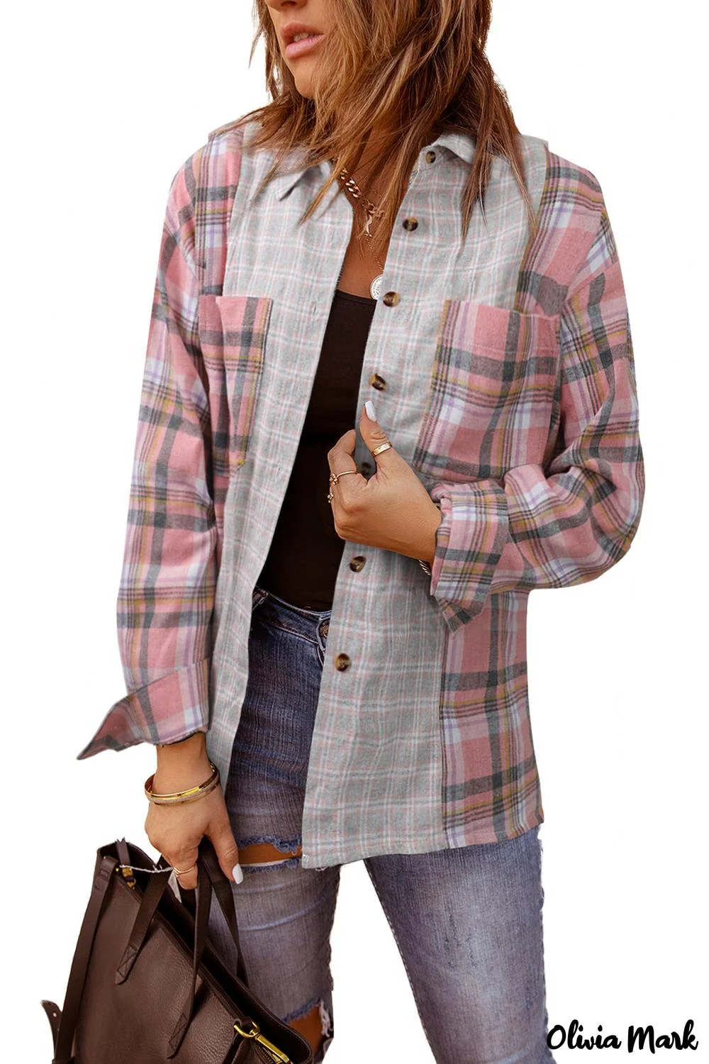 Deanwangkt - Pink Plaid Button Down Long Sleeve Shirt With Color Block Pocket - Deanwangkt