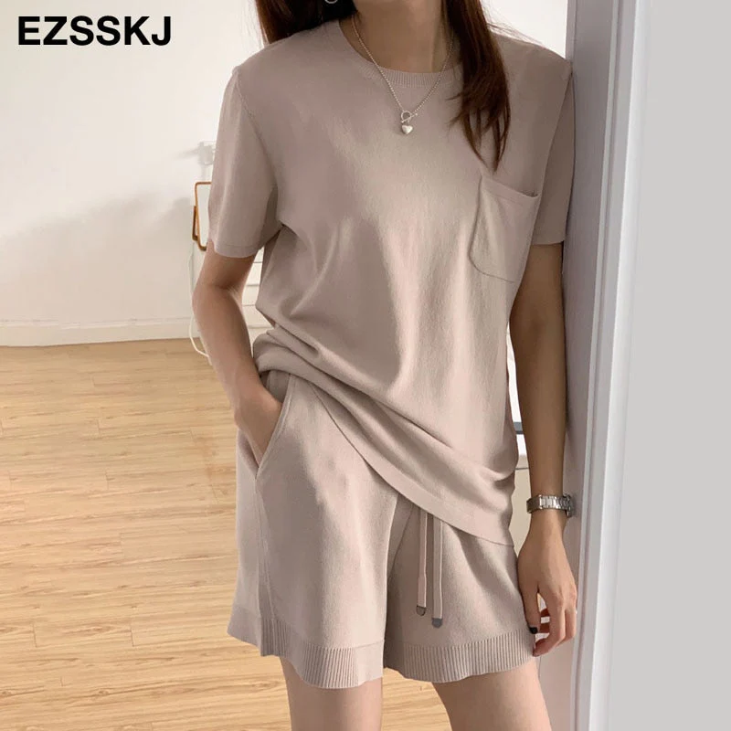 Christmas Gift Deanwangkt casual oversize Knitted Tracksuit  women knit camisole +shorts 2 Pieces knit Set female chic loose t-shirt + shorts suits - Deanwangkt