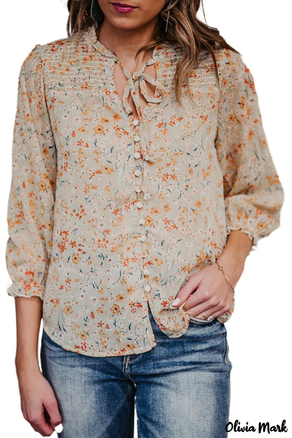 Deanwangkt - Floral Print Lace-Up V-Neck Button-Down Shirt - Deanwangkt