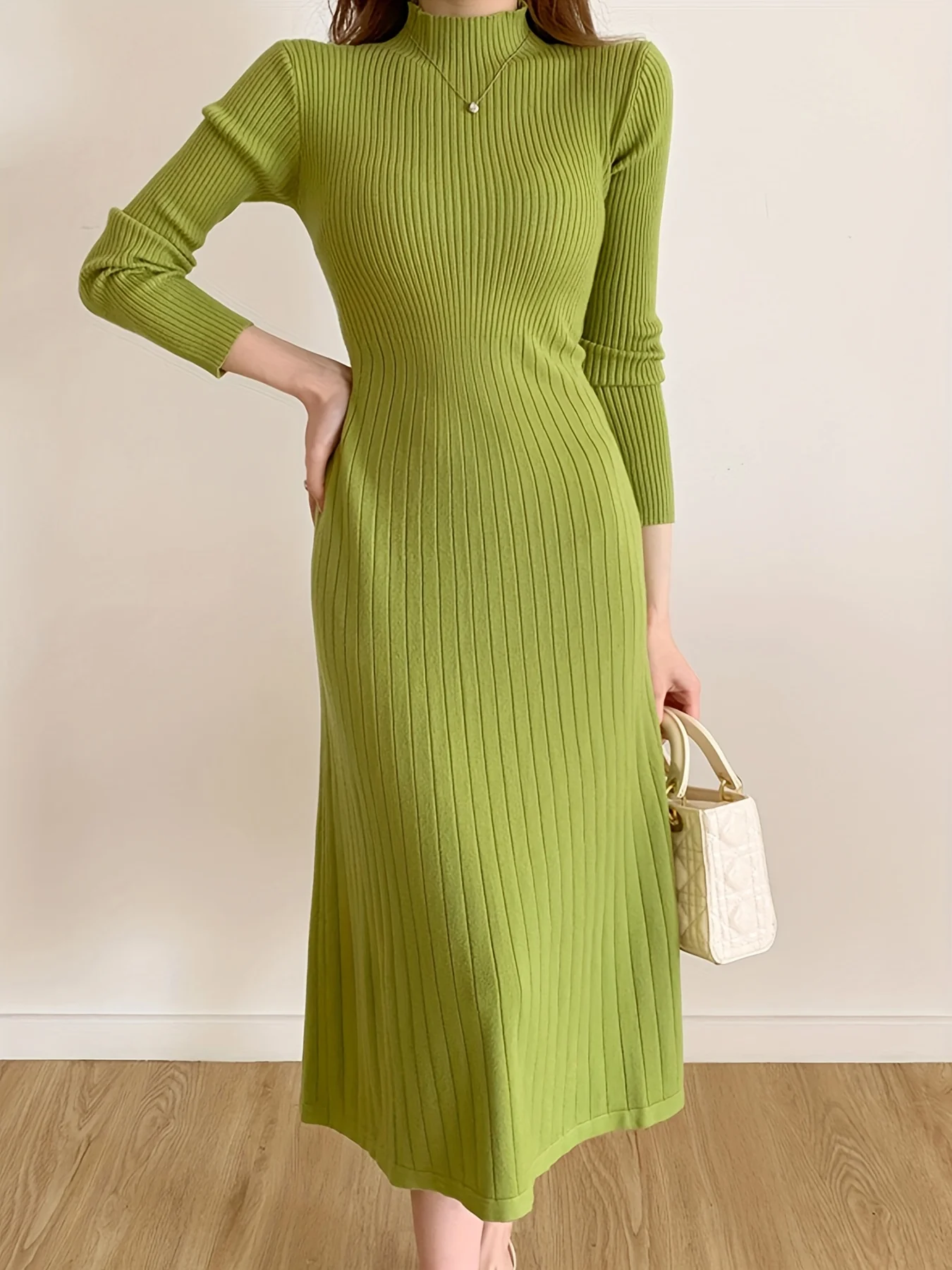 deanwangkt-1  Ribbed Mock Neck Dress, Casual Long Sleeve Midi Dress, Women's Clothing - Deanwangkt