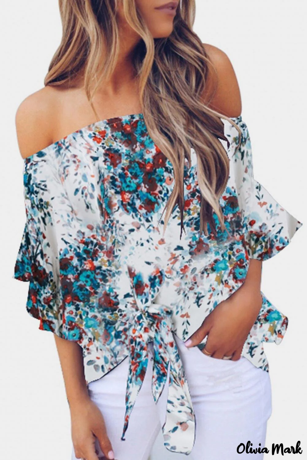 Deanwangkt - Blue Chiffon Off Shoulder Tie Front Blouse - Deanwangkt