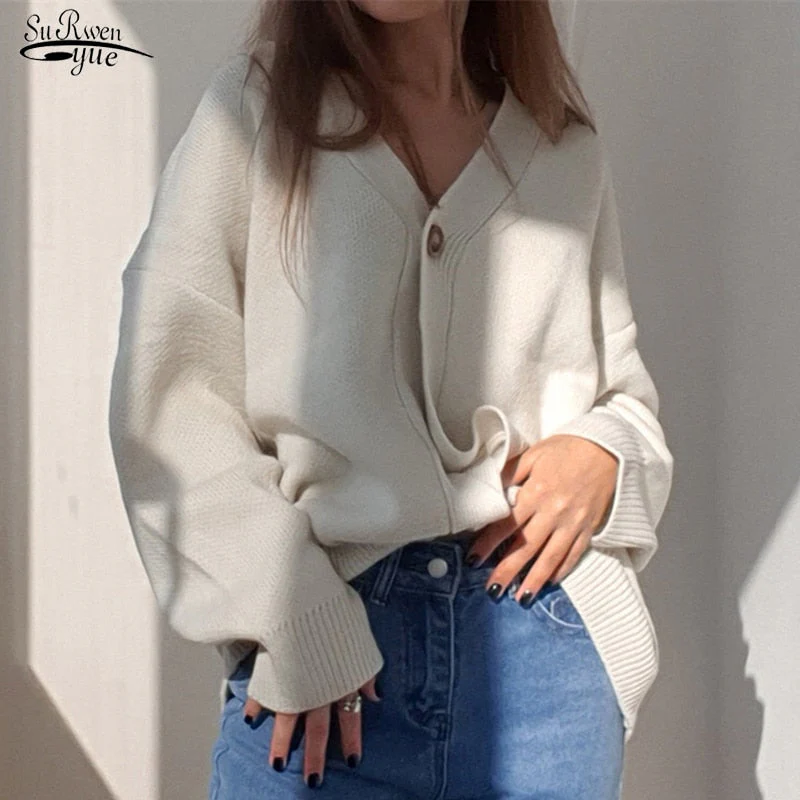 Christmas Gift Deanwangkt Winter Elegant Solid Women's Sweater Autumn V-Neck Buttons Cardigan Oversized Fashion Korean Knitwears Sweater Jacket 17618 - Deanwangkt