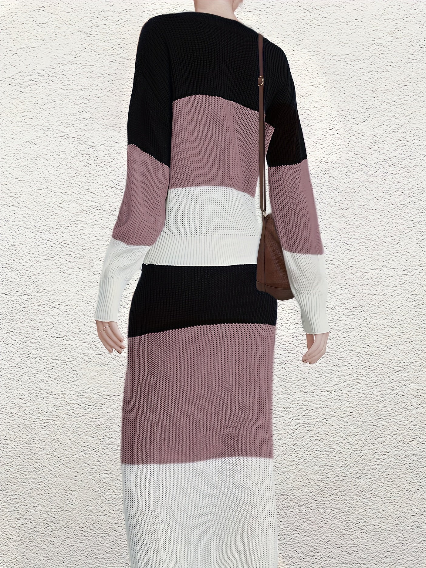 deanwangkt-1  Elegant Color Block Two-piece Set, Crew Neck Long Sleeve Knit Sweater & Bag Hip High Waist Skirts Outfits, Women's Clothing - Deanwangkt