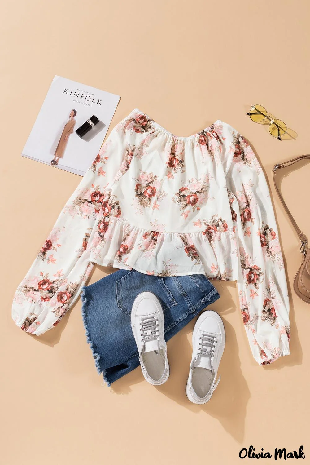 Deanwangkt - Beige Floral V-Neck Balloon Sleeve Twist Front Blouse - Deanwangkt