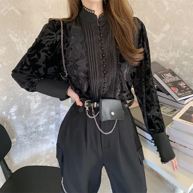 Back to college outfits Deanwangkt Korean Two-Piece Set Women Deanwangkt Winter New Temperament Stand-Up Collar Puff Sleeve Shirt Tops Female + Harem Pants Suit Female fx0615 - Deanwangkt