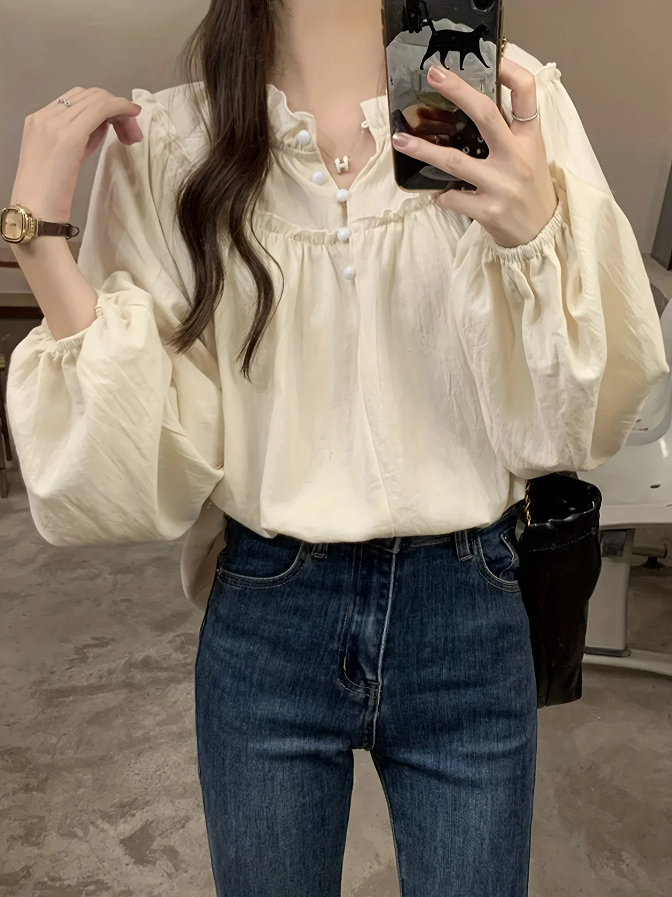 Ruched Button Front Blouse, Elegant Crew Neck Puff Sleeve Blouse, Women's Clothing - Deanwangkt