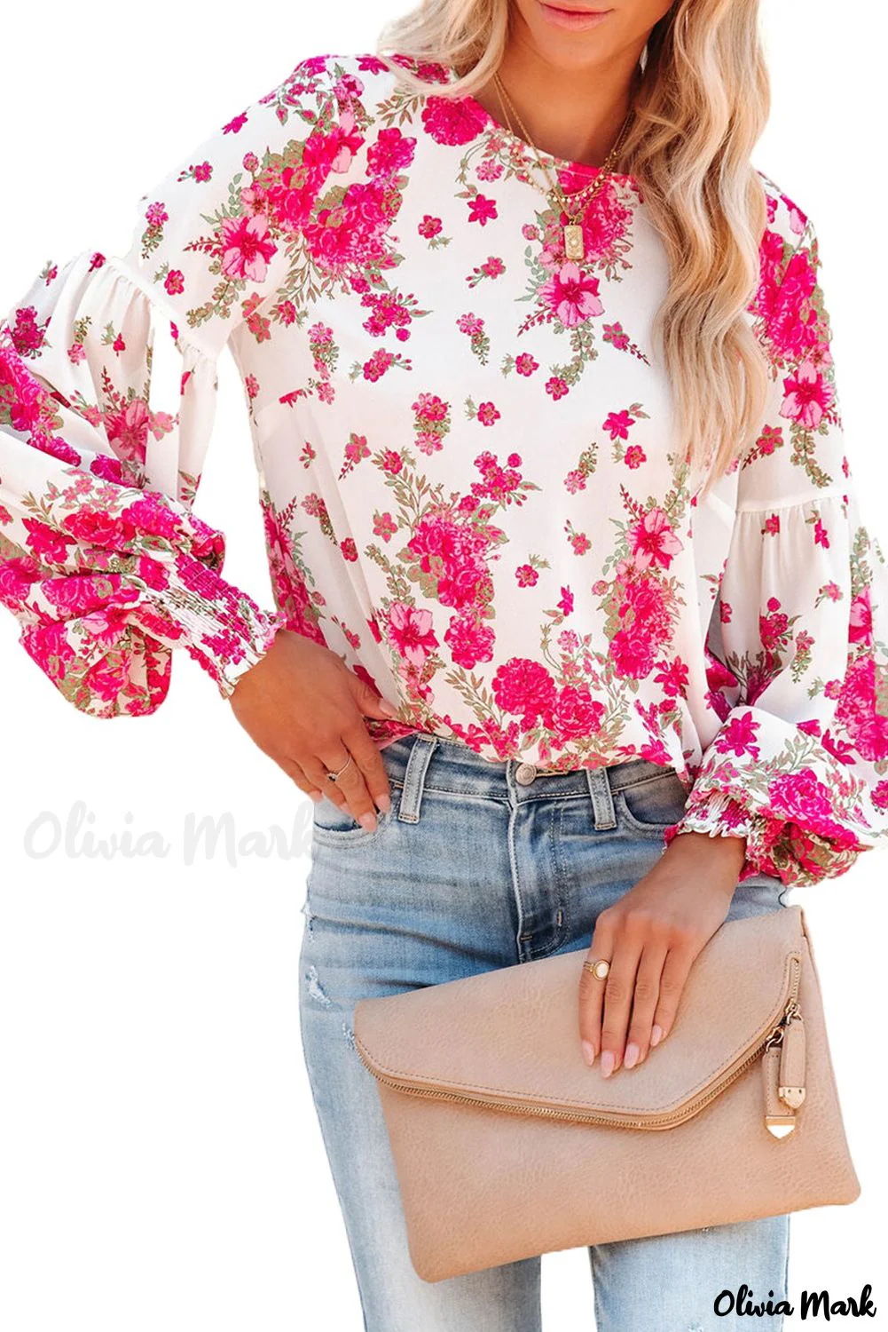 Deanwangkt - Pink floral blouse with round neck and bishop sleeves - Deanwangkt