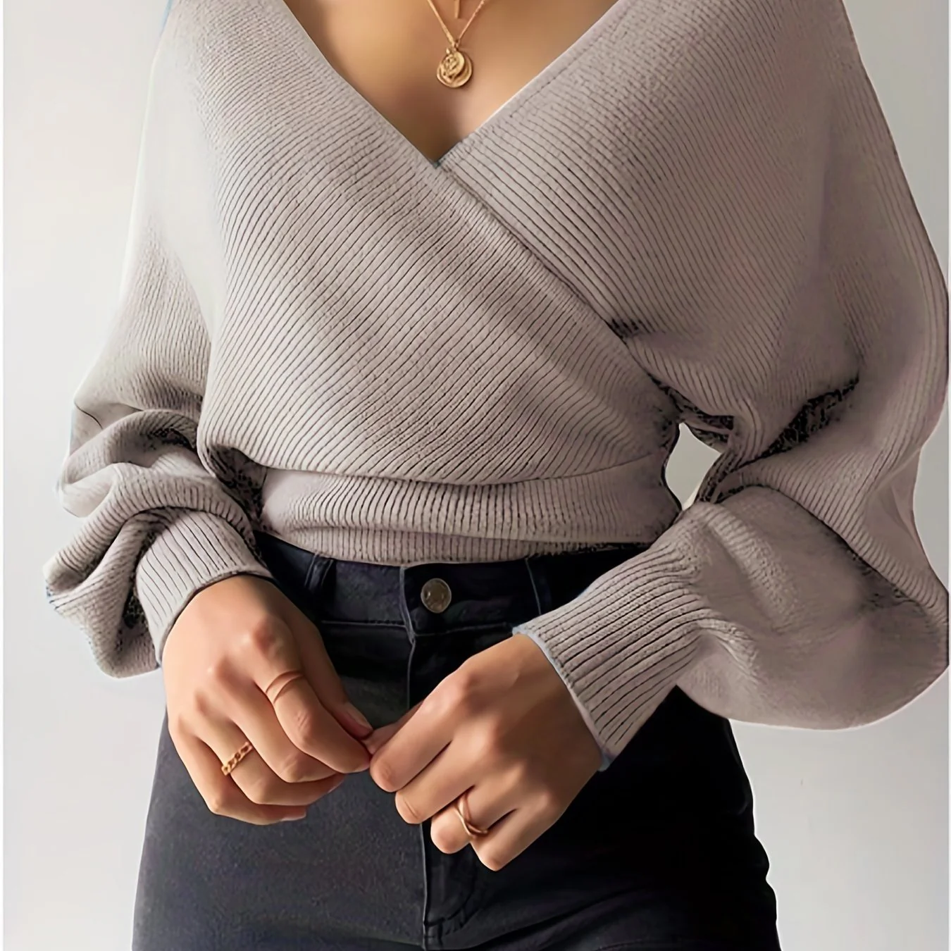 deanwangk Versatile Surplice Neck Knit Sweater, Vintage Long Sleeve Sweater, Women's Clothing - Deanwangkt