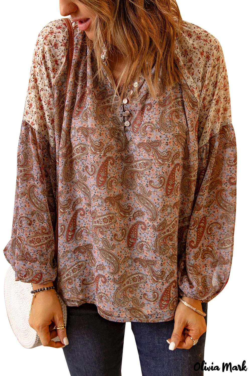 Deanwangkt - Brown Paisley Floral Patch Long Sleeve Blouse - Deanwangkt