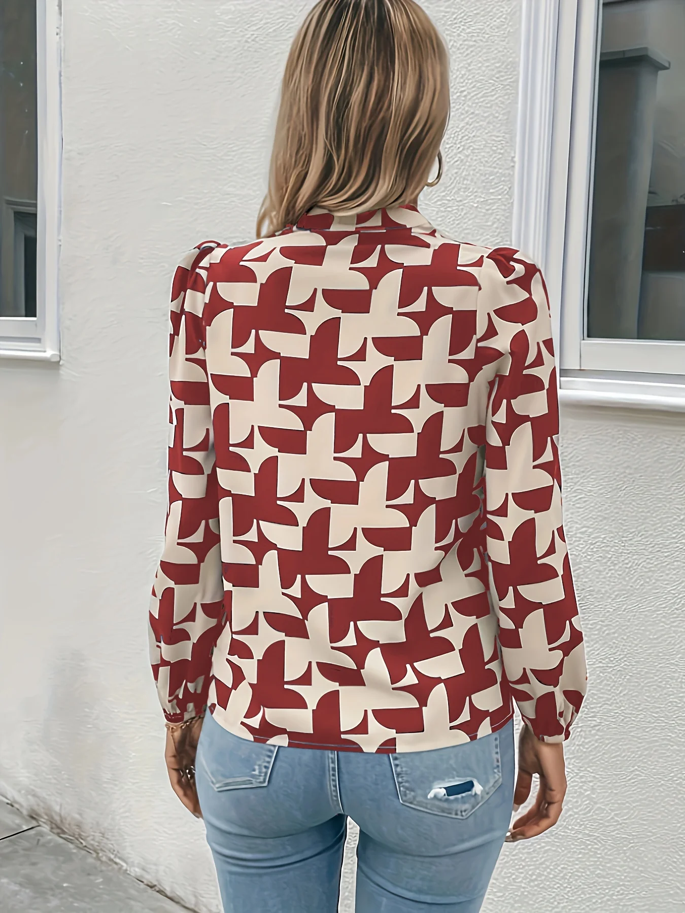 Graphic Print Notched Neck Blosue, Elegant Long Sleeve Blouse For Spring & Fall, Women's Clothing - Deanwangkt