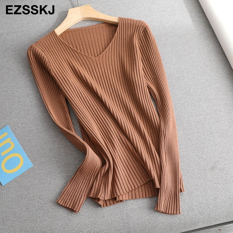 Christmas Gift Deanwangkt basic v-neck solid autumn winter Sweater Pullover Women Female Knitted sweater slim long sleeve badycon sweater cheap - Deanwangkt