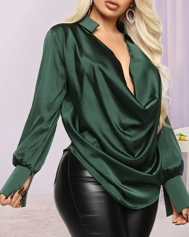 Deanwangkt - Plunge Neckline Long Sleeve Gathered Satin Shirt - Deanwangkt