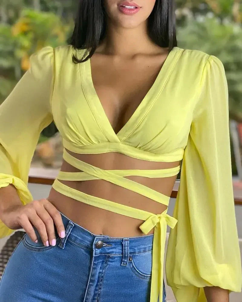 Deanwangkt - Long Sleeve V-Neck Bandage Top with Lace-Up Back - Deanwangkt